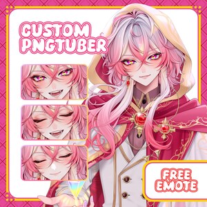 May include: Digital illustration of a character with pink and white hair, wearing a red and gold hooded cloak and white suit. The image includes the text "CUSTOM PNGTUBER" and "FREE EMOTE". Three smaller images of the character are also included.