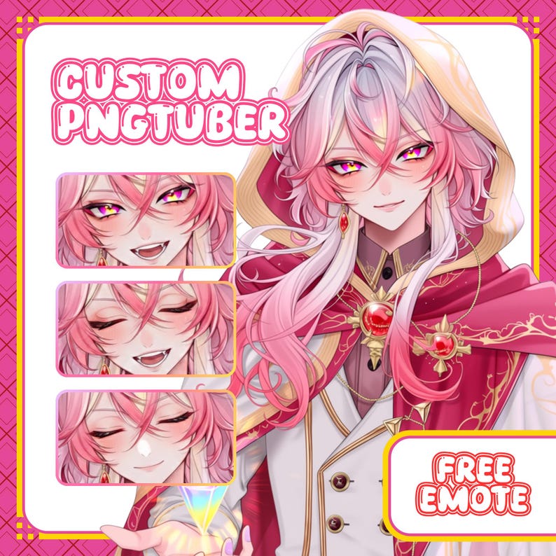 May include: Digital illustration of a character with pink and white hair, wearing a red and gold hooded cloak and white suit. The image includes the text "CUSTOM PNGTUBER" and "FREE EMOTE". Three smaller images of the character are also included.