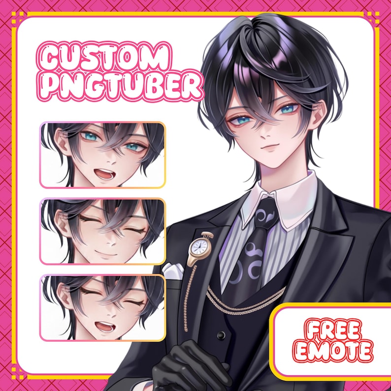 May include: Digital illustration of a male anime character with black hair and blue eyes, wearing a black suit and tie. The image includes the text "CUSTOM PNGTUBER" and "FREE EMOTE", along with three smaller images of the character with different facial expressions.