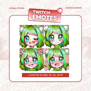 Chibi Girl Green Hair Twitch Emote Pack 4x, Twitch Emotes, Emoji Emote Pack, Girl Emote, Streamer Emote, Discord Emote, Sticker Emote