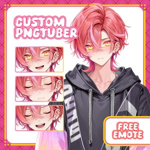 May include: Digital art of a character with pink hair and yellow eyes, wearing a black hoodie. The image includes the text "CUSTOM PNGTUBER" and "FREE EMOTE". Three smaller images show the character with different facial expressions.