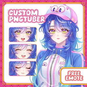 May include: An anime-style illustration of a character with blue hair and a pink and white hat. The character is wearing a blue and white jacket. The image includes the text "CUSTOM PNGTUBER" and "FREE EMOTE".