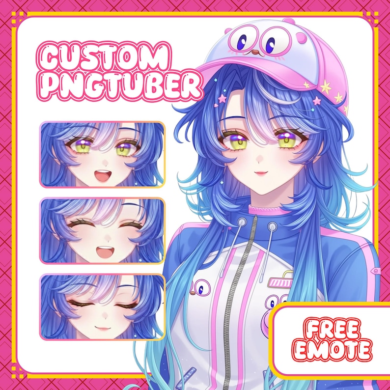 May include: An anime-style illustration of a character with blue hair and a pink and white hat. The character is wearing a blue and white jacket. The image includes the text "CUSTOM PNGTUBER" and "FREE EMOTE".