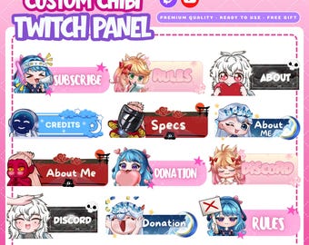 Benutzerdefinierte Chibi Twitch Panels | Emotes Vtuber Stream Layout-Design (PNG Dateien)