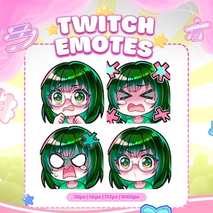 Chibi Girl Green Hair Twitch Emote Pack 4x, Twitch Emotes, Emoji Emote Pack, Girl Emote, Streamer Emote, Discord Emote, Sticker Emote