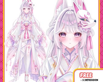 May include: An anime-style illustration of a character in a white and pink kimono with fox ears and a mask. The character has long white hair and pink eyes. The image includes the text "FREE" and lists "3 EXPRESSION", "VTUBER LOGO", and "EMOTES".