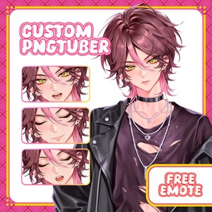 May include: Digital illustration of a male anime character with brown and pink hair, yellow eyes, and a black choker. The image includes the text "CUSTOM PNGTUBER" and "FREE EMOTE".
