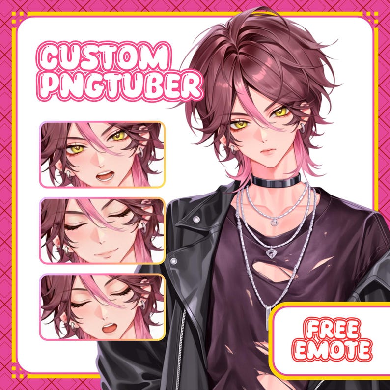 May include: Digital illustration of a male anime character with brown and pink hair, yellow eyes, and a black choker. The image includes the text "CUSTOM PNGTUBER" and "FREE EMOTE".