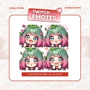 Chibi Girl Green Hair Twitch Emote Pack 4x, Twitch Emotes, Emoji Emote Pack, Girl Emote, Streamer Emote, Discord Emote, Sticker Emote