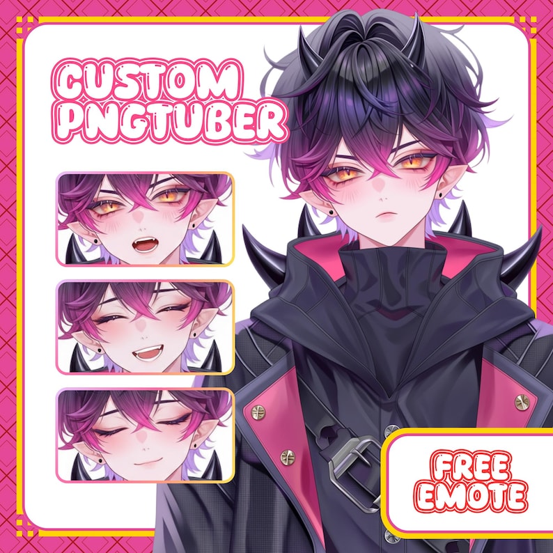 May include: Digital art of a character with black and purple hair, horns, and yellow eyes. The image includes the text "CUSTOM PNGTUBER" and three smaller images of the character with different facial expressions. The words "FREE EMOTE" are also visible.