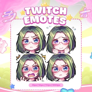 Chibi Girl Green Hair Twitch Emote Pack 4x, Twitch Emotes, Emoji Emote Pack, Girl Emote, Streamer Emote, Discord Emote, Sticker Emote