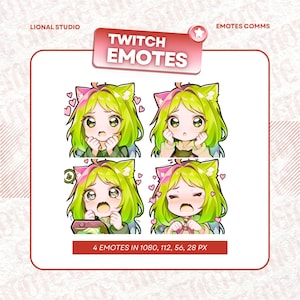 Chibi Girl Green Hair Twitch Emote Pack 4x, Twitch Emotes, Emoji Emote Pack, Girl Emote, Streamer Emote, Discord Emote, Sticker Emote