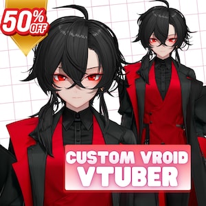 May include: Two digital avatars with black hair and red eyes, wearing black shirts and red vests and jackets. The image includes the text "CUSTOM VROID VTUBER" on a red background, and a "50% OFF" sale tag.