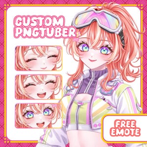 May include: Digital illustration of a custom PNGTuber character with pink hair and colorful eyes. The image includes three facial expressions and the text "CUSTOM PNGTUBER" and "FREE EMOTE" in a pink and white design.
