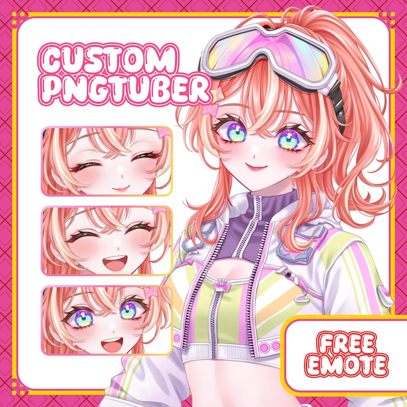 May include: Digital illustration of a custom PNGTuber character with pink hair and colorful eyes. The image includes three facial expressions and the text "CUSTOM PNGTUBER" and "FREE EMOTE" in a pink and white design.