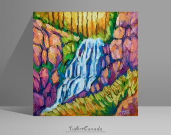 Waterfall landscape painting Impressionist art original oil painting original artwork wall art by YuArtCanada EC#39