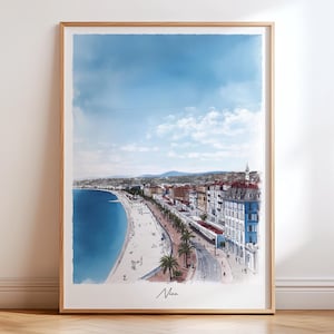 Impresión de Niza, Francia, póster de viaje, arte mural, impresión de póster de Niza, decoración de viaje, decoración artística en acuarela, regalo de arte mural de Niza