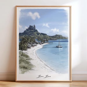 Impresión de Bora Bora, póster de viaje de Bora Bora, arte mural, impresión de póster de Bora Bora, decoración de viaje, decoración artística en acuarela, regalo de Bora Bora, arte playero