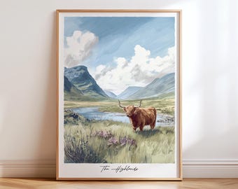 Highland Cow Scotland Print: Watercolour Travel Poster NOT FRAMED