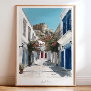 Lindos Travel Print, Lindos Greece Travel Poster Wall Art, Lindos Poster Print, Travel Decor, Rhodes Art Decor, Rhodes Gift, Lindos Art