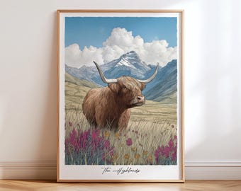 Highland Cow Scotland Print: Watercolour Travel Poster NOT FRAMED