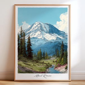 Mount Rainier Washington Print, Mount Rainier Travel Poster Wall Art, Mount Rainier Poster Print, Washington Travel Decor, Rainier Art Gift