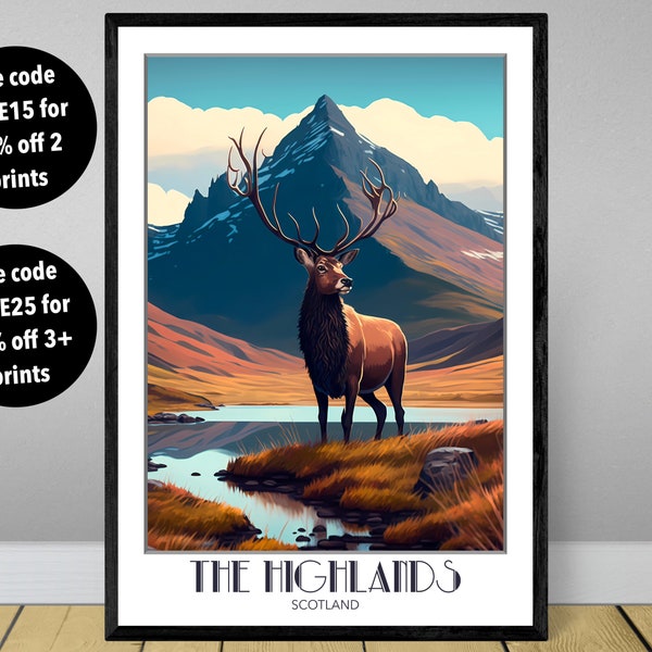 The Highland Stag Scotland travel poster art print, Scottish Highlands poster, Stag print, Scotland print, Scotland poster, UNFRAMED