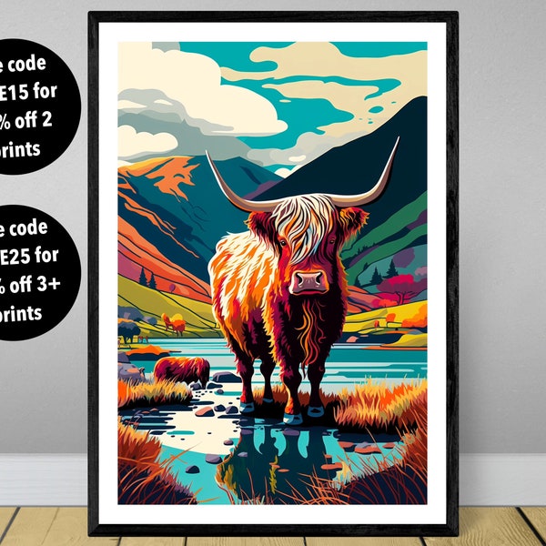 Colourful Highland Cow Animal Art Print, Highland Cow Animal Print Cow Print Cow Wall Art Print Cow Art Cow Animal Gift Fun Cow Print