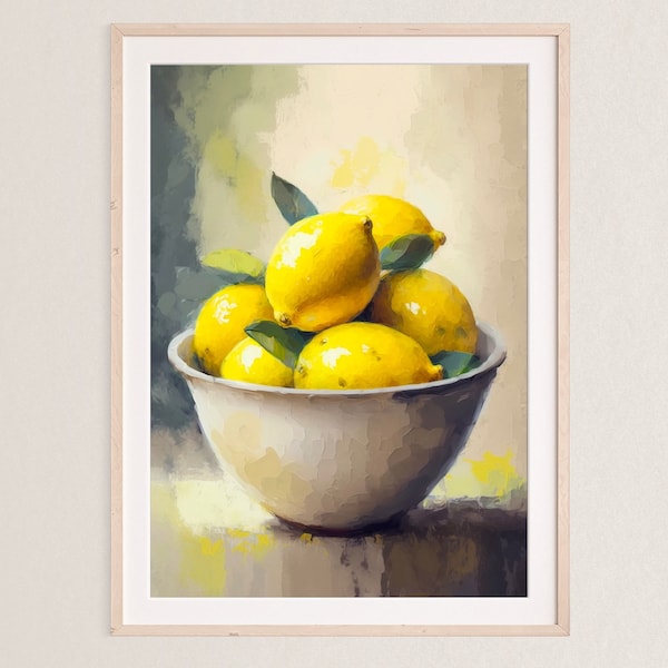 Lemons in a Bowl Oil Painting Wall Art Neutral Wall Art Abstract Bedroom Kitchen Wall Art Yellow Green Wall Art Fruit Lemon Wall Art