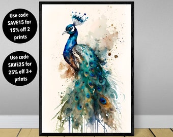 Watercolour Peacock Animal Art Print, Peacock Animal Print Peacock Print Peacock Wall Art Print Peacock Art Peacock Animal Gift Fun Print