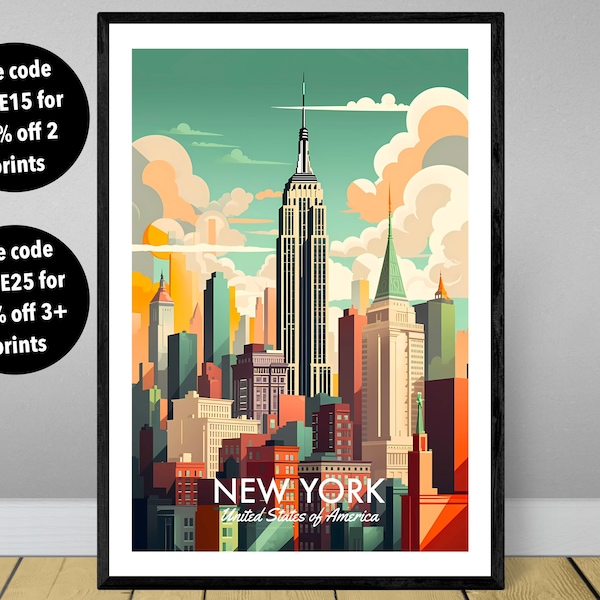 New York USA travel poster art print, New York travel poster, New York travel print, USA travel print, UNFRAMED