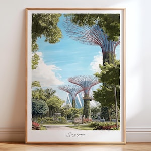 Impresión de Jardines de la Bahía de Singapur, póster de viaje de Singapur, impresión de póster de Singapur, decoración de Singapur, impresión artística de Singapur asiático