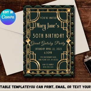 Gatsby Birthday Invitation: Elegant Art Deco Gold & Green (Digital 5x7 Editable Invite)