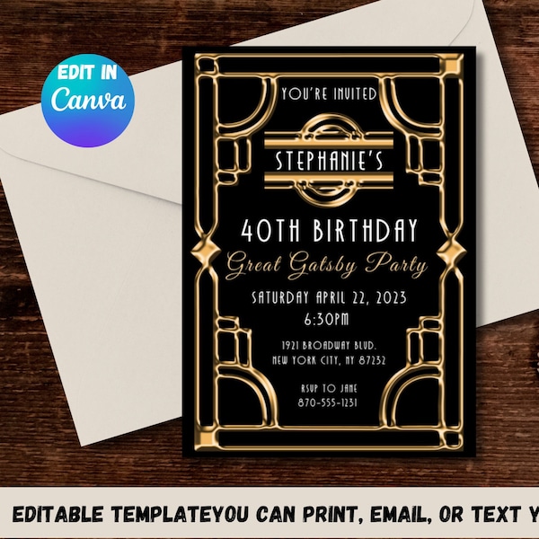 Roaring 20's Party Invitation - Editable Digital 5x7 Invite for Gatsby-Themed Birthday - Elegant Gold and Black Design - Any Age