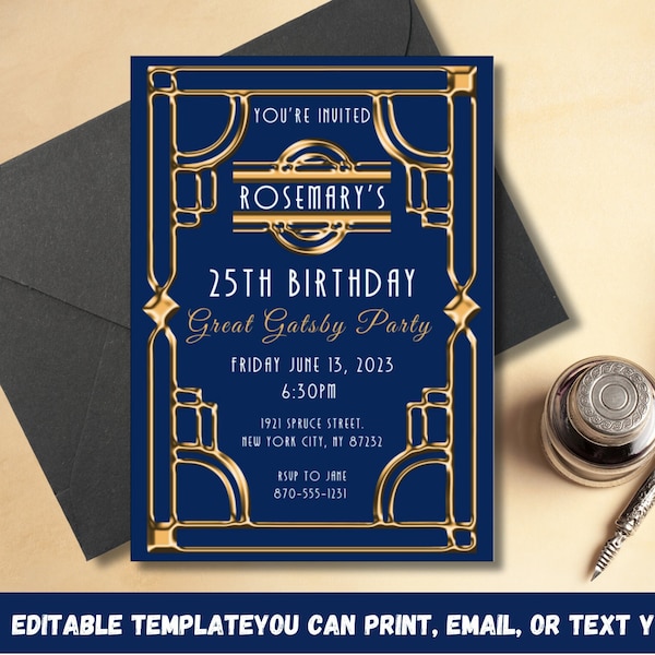 Roaring 20's Party Invitation - Editable Digital 5x7 Invite for Sapphire Blue Gatsby Themed Birthday, Elegant Gold and Black Design, Any Age