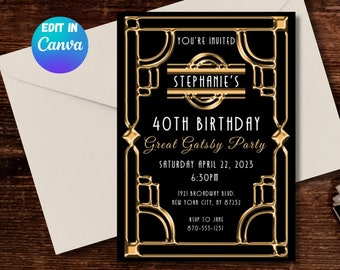 Roaring 20's Party Invitation - Editable Digital 5x7 Invite for Gatsby-Themed Birthday - Elegant Gold and Black Design - Any Age