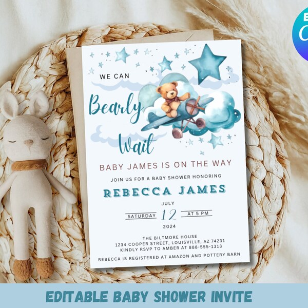 Editable Airplane Bear Baby Shower Invitation, We Can Bearly Wait Invitation, Bear on a Plane, Blue Airplane, Baby Shower