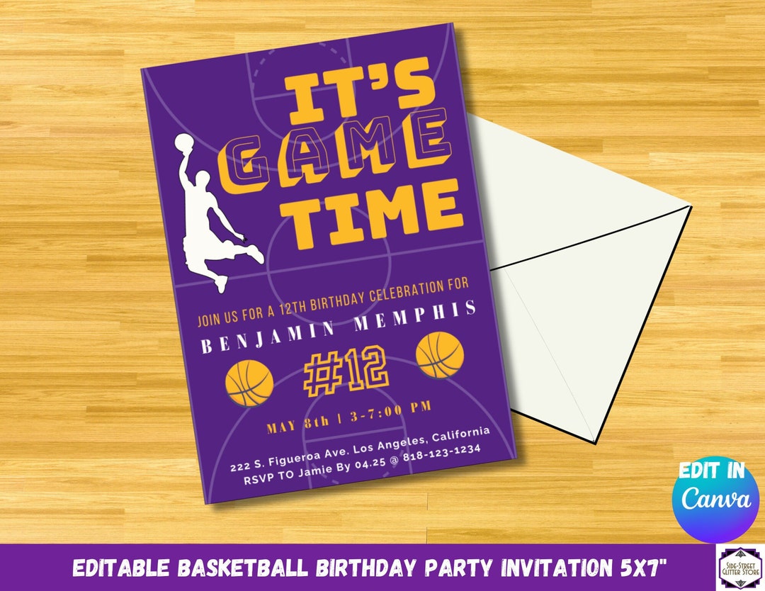 Basketball Birthday Invitation Template, Modern Purple and Gold