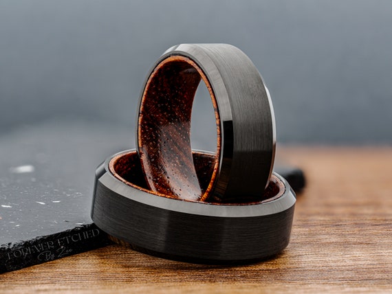 Black Tungsten Carbide Ring Brushed Finish Inner Wood Ring - Etsy