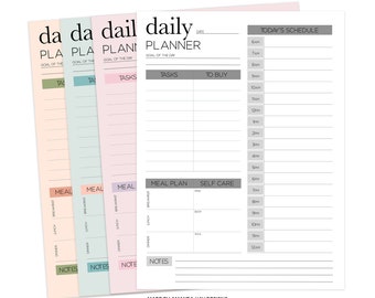 May include: Printable daily planner with sections for tasks, to buy, meal plan, self care, and notes. The planner has a pink, blue, and green color scheme.