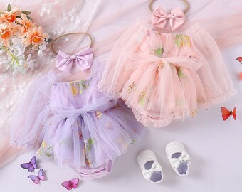 Baby Princess Tulle Dress, Baby Girl Birthday Photoshoot Romper Dress, Embroidery Baby Cake Smash Flower Girl Dress, First Birthday Dress