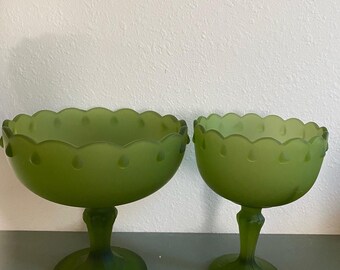 Matching Green Glass Pedestal Dishes | Set of 2