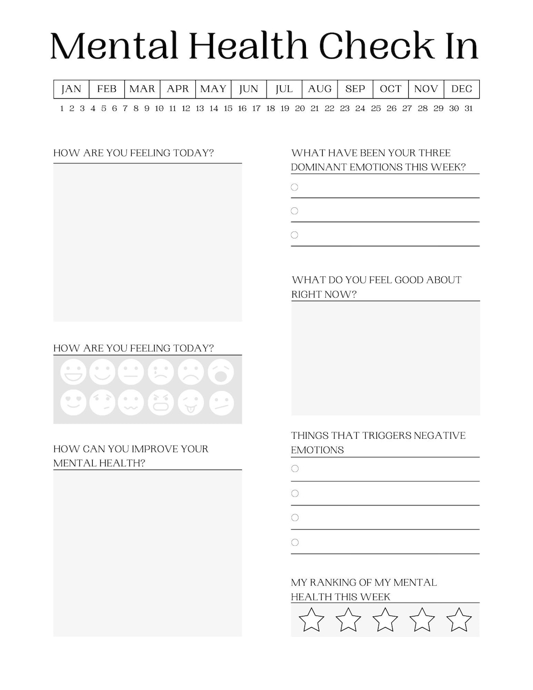 Daily Mental Health Checkin Log Printable Etsy