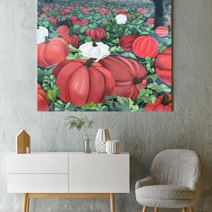 Misty and fog filled pumpkin patch Giclée Canvas Print: Original Hand-Painted Style, Mirror Wrapped