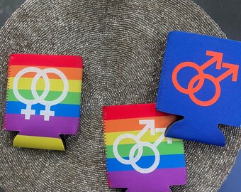 Gay can cooler, männliche Symbole, weibliche Symbole, Mann, Frau, Gay, Pride, LGBTQ, Regenbogen, Can Coozie