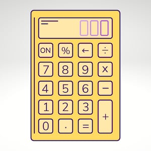 Puede incluir: Una calculadora amarilla con una pantalla negra y botones morados. La calculadora tiene los números del 0 al 9, más, menos, multiplicar, dividir, porcentaje, encendido e igual.