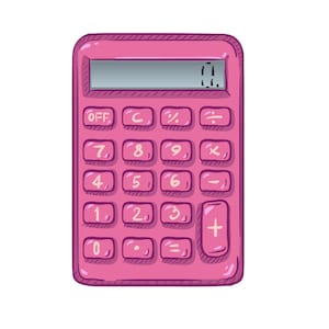 Könnte beinhalten: Ein rosa Taschenrechner mit einem digitalen Display und einer Vielzahl von Tasten, darunter Zahlen, Operationen und Funktionen. Der Taschenrechner hat einen schwarzen Bildschirm und weißen Text.
