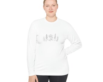 Könnte beinhalten: Weißes Langarmshirt mit einer schwarzen Linienzeichnung eines Blumenstraußes auf der Vorderseite.