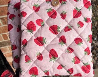 Strawberry Book Sleeve Cover - iPad 10th Gen - Strawberry  Sleeve  Bookish Gifts - Handmade Book Gifts - Quilted Book Sleeve - 9x10 Inches -