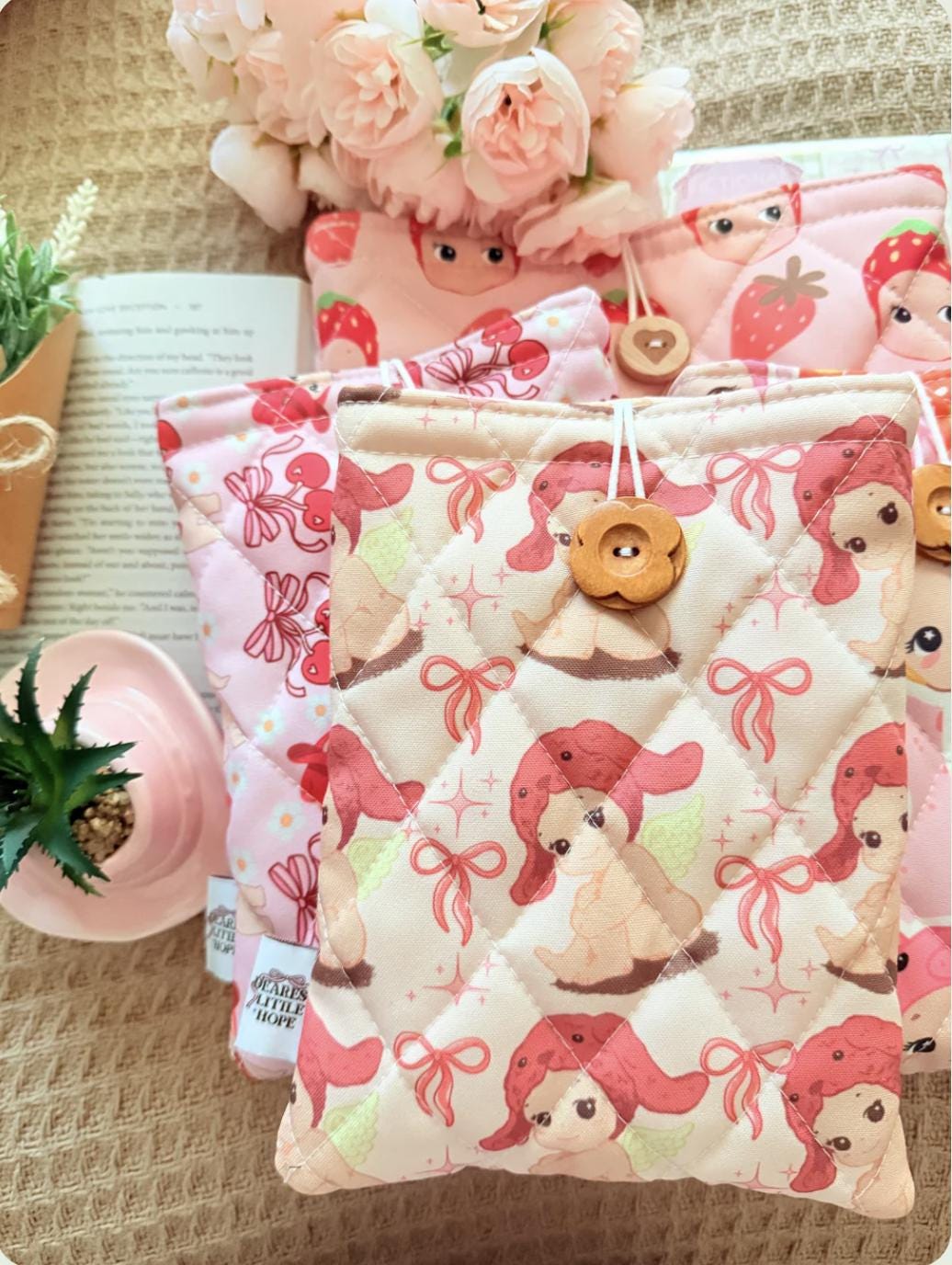 Sonny  Angel Sleeve Cover -   Kindle Papwerwhite - iPad sleeve -  Bookish Gifts  - Quilted Sleeve - 6x7 Inches -